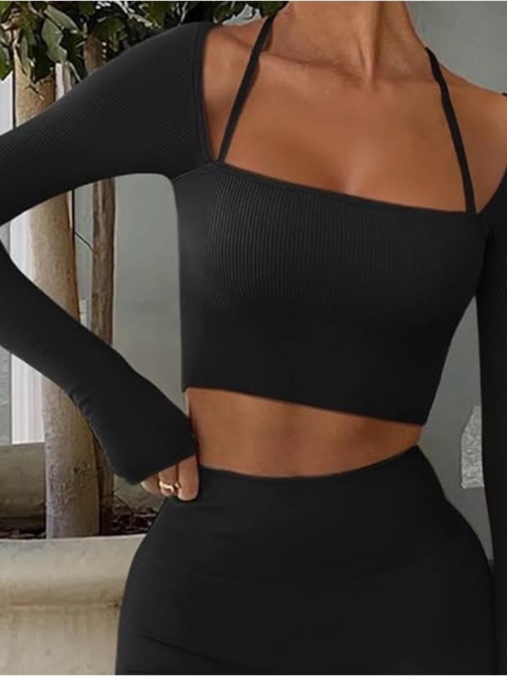 Laslulu Womens Sexy Halter Neck Crop Top Seamless Long Sleeve Workout Tops